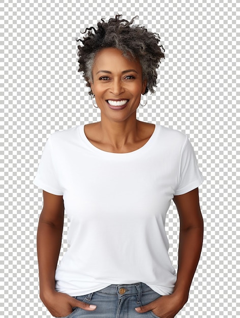 Mulher positiva sorrindo para a câmera vestindo uma camiseta branca no fundo transparente