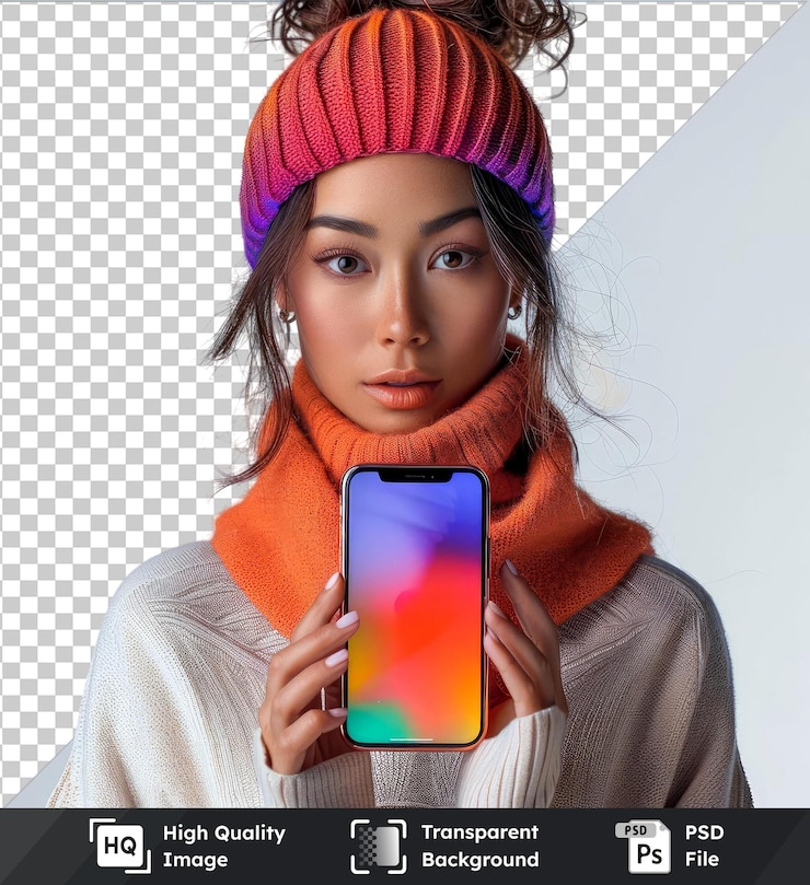 PSD mulher premium segurando um smartphone colorido isolado em fundo transparente