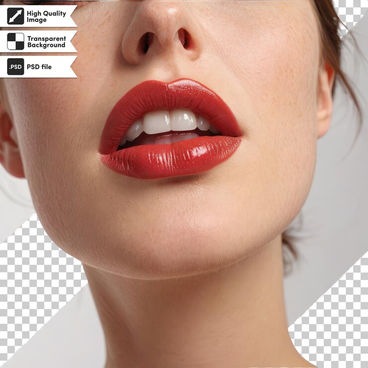 PSD mulher psd aplicando batom vermelho em fundo transparente com camada de máscara editável