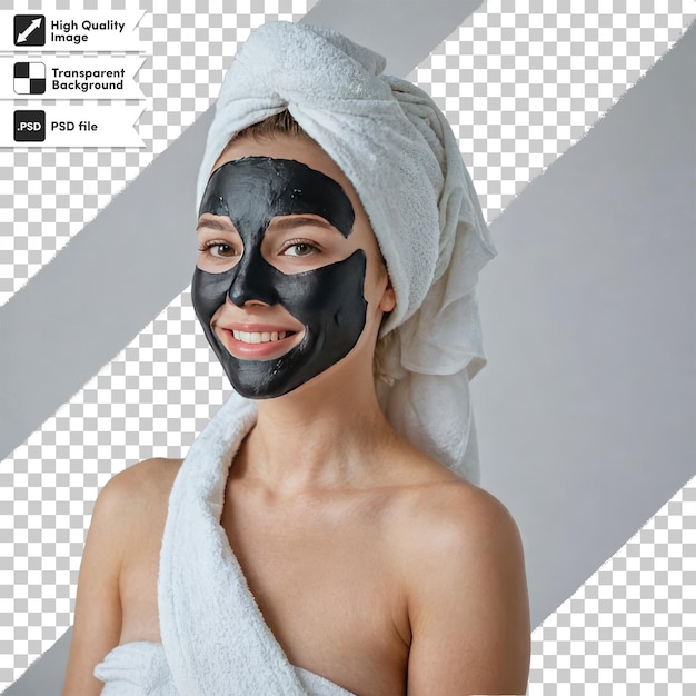Mulher psd com máscara cosmética preta no rosto em fundo transparente com camada de máscara editável