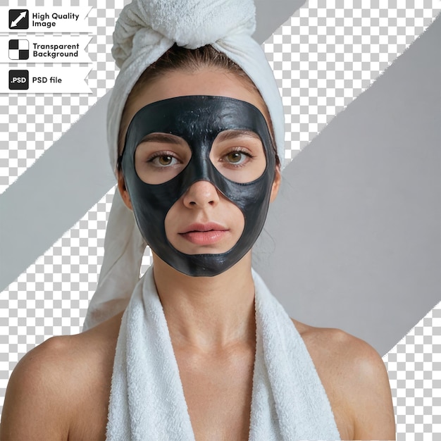 PSD mulher psd com máscara cosmética preta no rosto em fundo transparente com camada de máscara editável