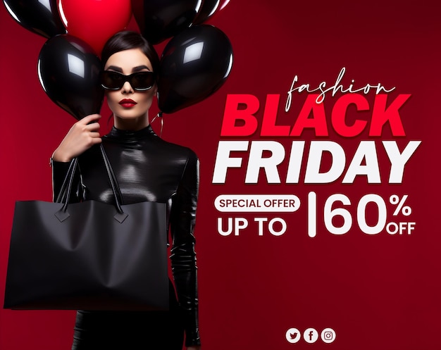 PSD mulher psd com saco de compras black friday upto sale design de banner para mídias sociais com texto editável