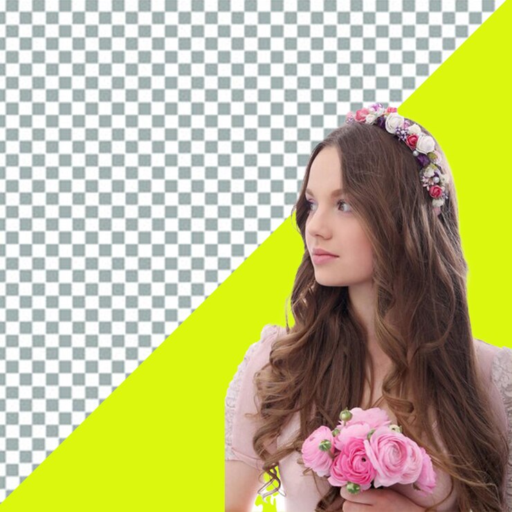 PSD mulher psd com uma coroa de flores e um fundo transparente amarelo