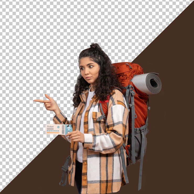 PSD mulher psd com uma mochila vermelha e um mapa com fundo transparente