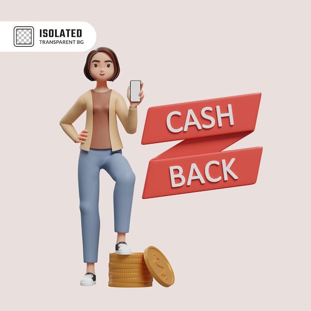 PSD mulher recebendo cashback e mostrando a tela do celular