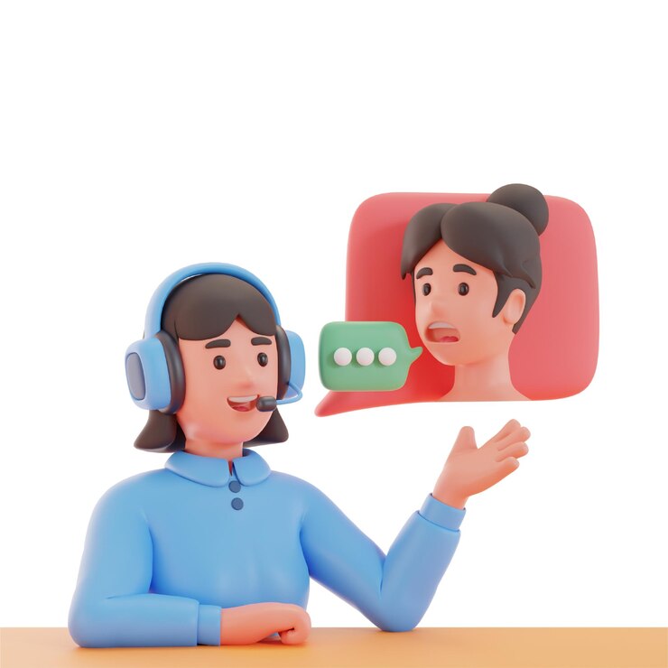 PSD mulher reclamando para o personagem 3d de atendimento ao cliente para compras online