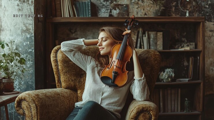PSD mulher relaxada segurando violino sentada em uma cadeira perto da janela