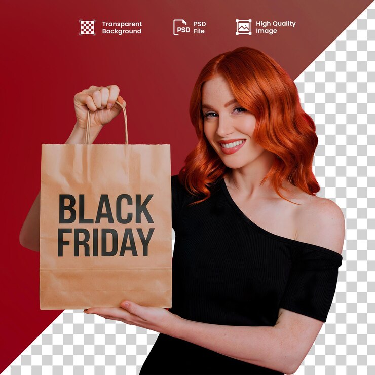 PSD mulher ruiva de png segurando o black friday shopping ba
