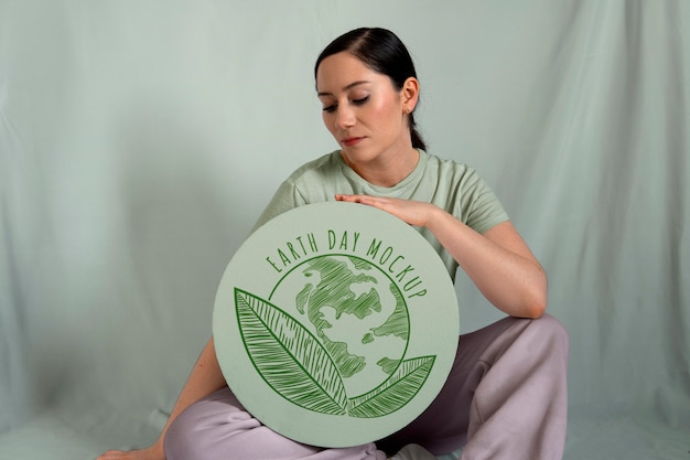 PSD mulher segurando maquete de tabuleta para o dia da terra