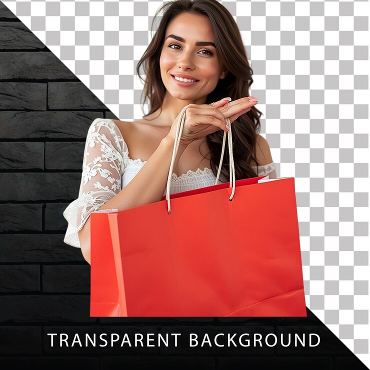 PSD mulher segurando saco de compras vermelho em fundo transparente