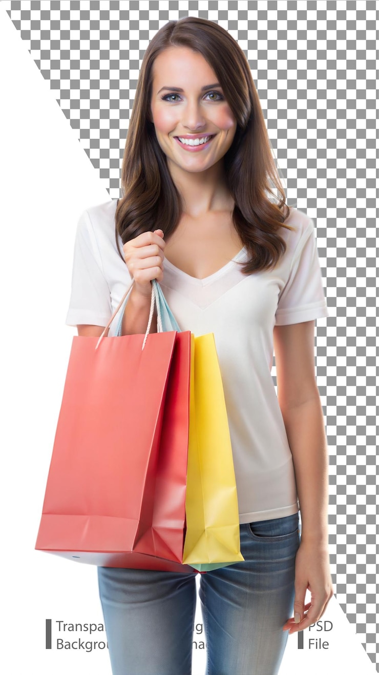 PSD mulher segurando sacos de compras coloridos sorrindo felizmente depois de fazer compras
