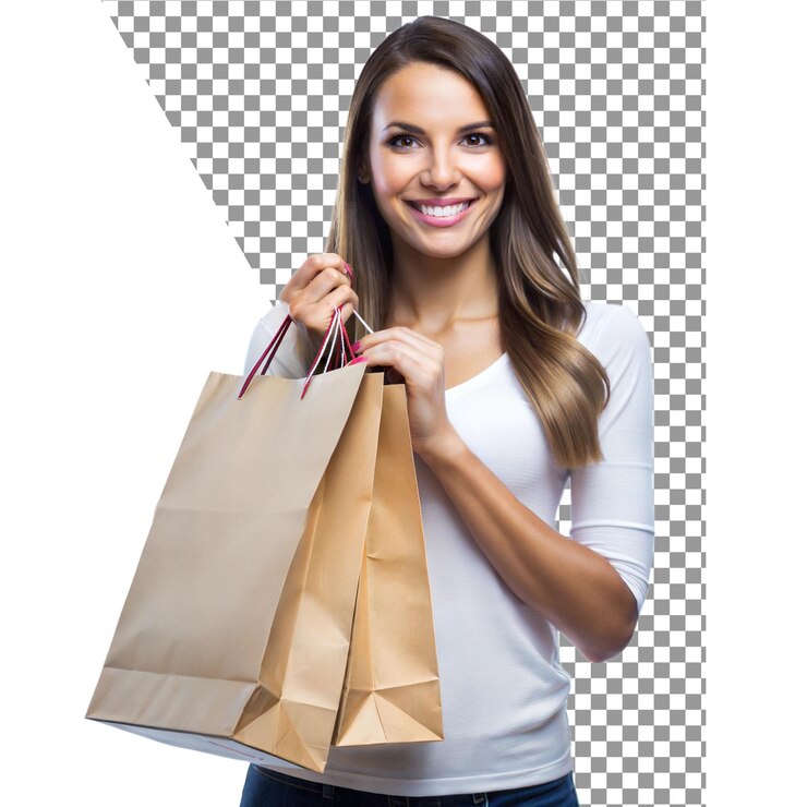 PSD mulher segurando sacos de compras sorrindo de satisfação