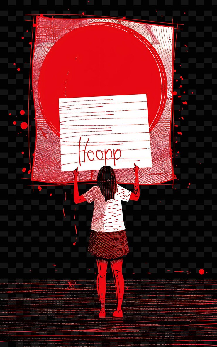 PSD mulher segurando um letreiro com uma mensagem de esperança design de cartaz wi creative flat illustration art
