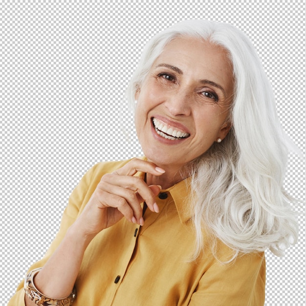 Mulher sênior bonita elegante com cabelos grisalhos sorrindo feliz