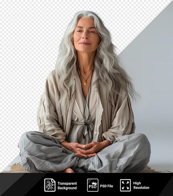 PSD mulher sênior de cabelos cinzentos transparentes sentada no chão e meditando usando um colar de ouro e prata com uma parede cinza e branca no fundo seu pé e mão nus são visíveis png