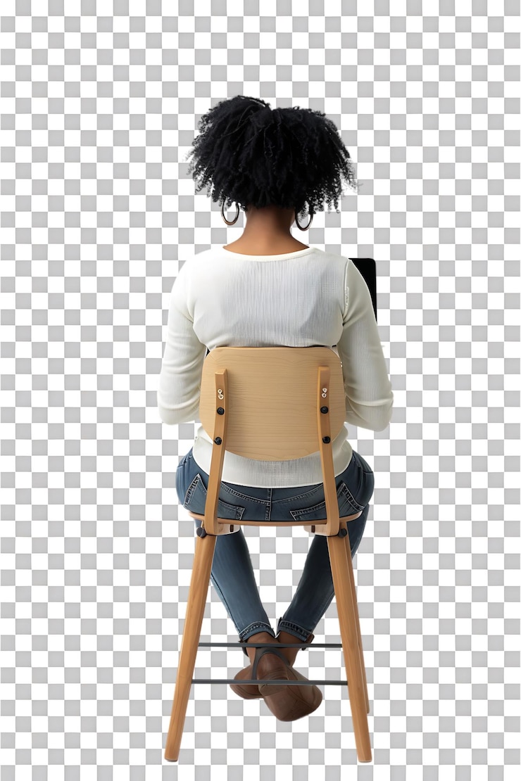 PSD mulher sentada em uma cadeira e usando um laptop isolado contra um fundo transparente