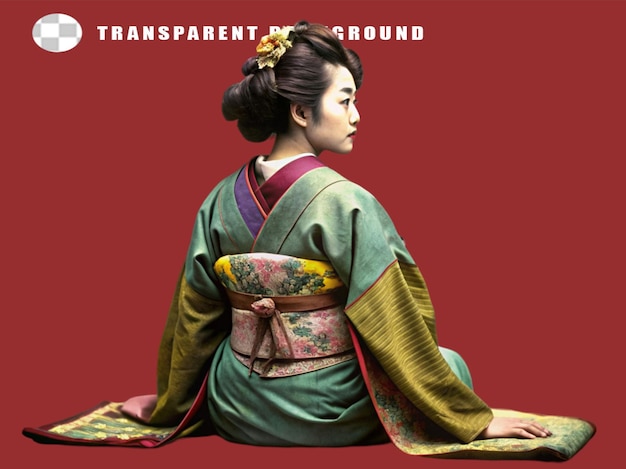 PSD mulher sentada em uma geisha do templo em fundo transparente
