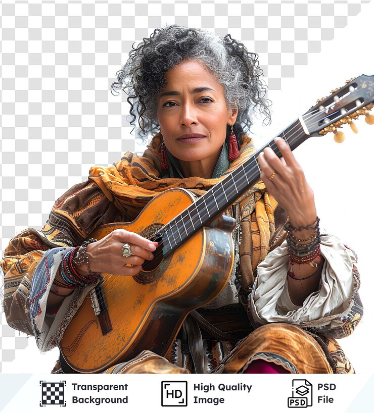 PSD mulher serenadas com guitarra acústica habilmente tocando melodias melodiosas contra um fundo branco