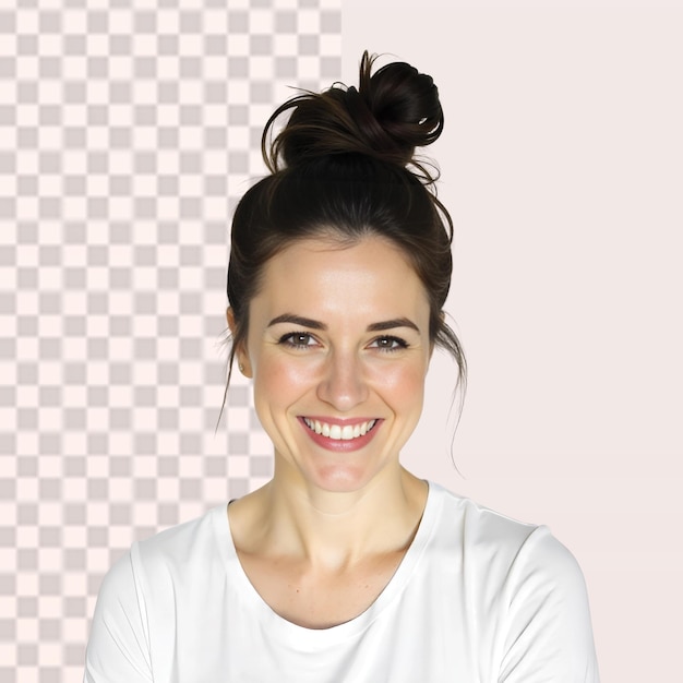 Mulher sorridente com cabelo e camiseta branca olhando para a câmera