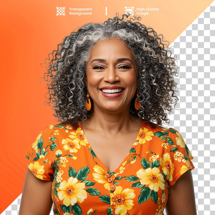PSD mulher sorridente com cabelo grisalho e blusa florida mulher sorridente com cabelo cinzento e floral