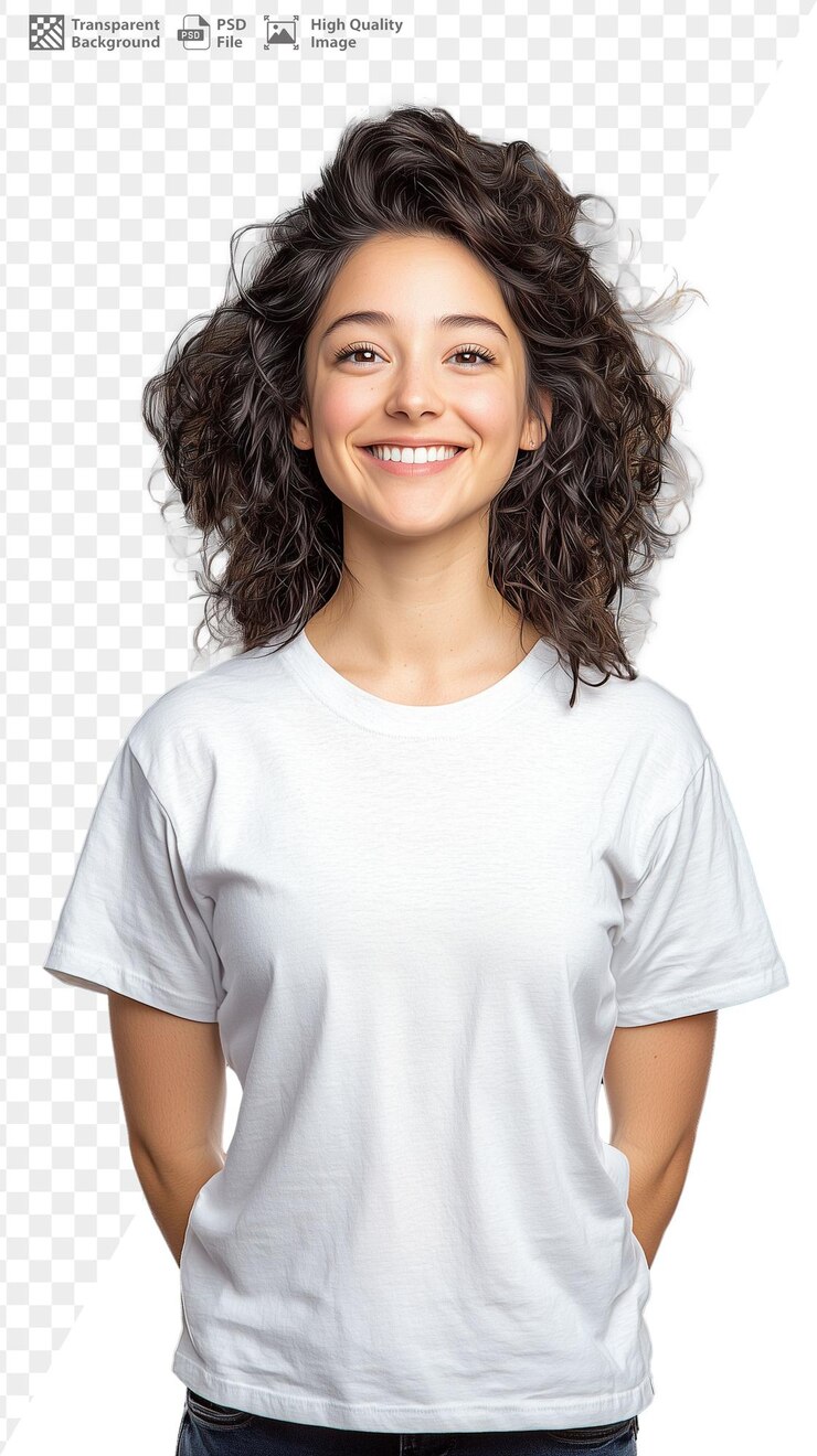 Mulher sorridente com camiseta branca casual em fundo transparente