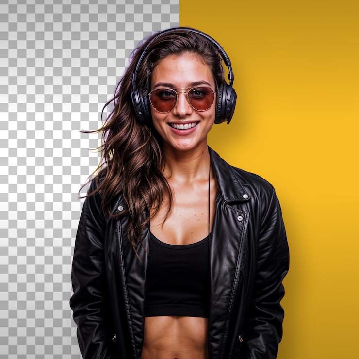 PSD mulher sorridente com óculos de sol e fones de ouvido fundo transparente