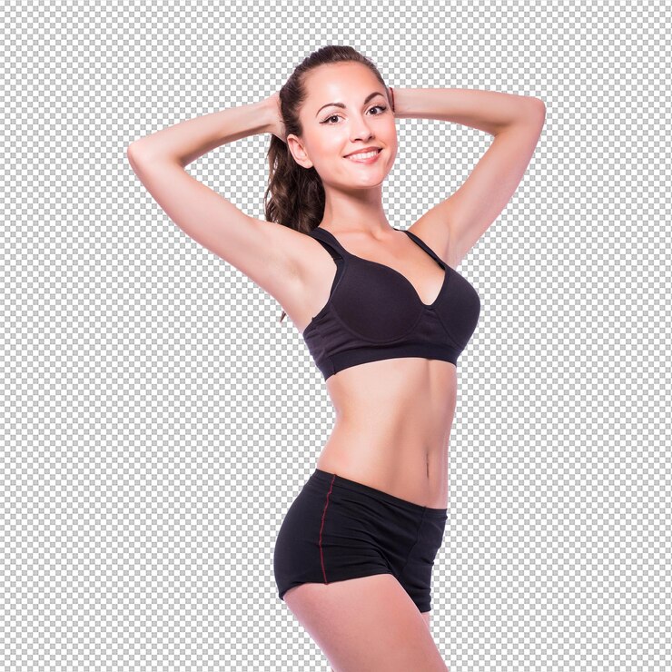 PSD mulher sorridente com um corpo bonito depois de uma dieta isolada em branco com copyspace para texto
