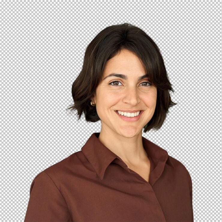 PSD mulher sorridente com uma camisa castanha, foto profissional com um fundo transparente