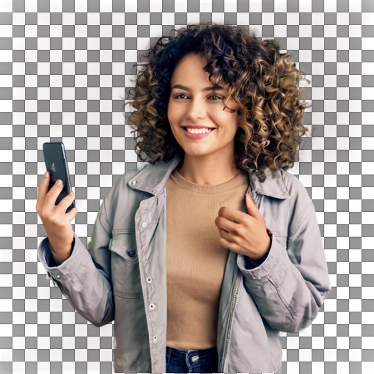 PSD mulher sorridente de casaco mostrando um smartphone