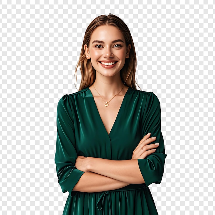 PSD mulher sorridente e feliz com os braços cruzados isolada num fundo transparente