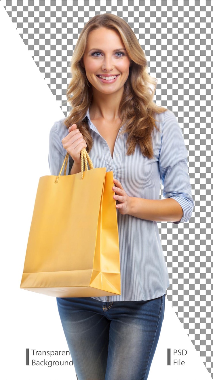 PSD mulher sorrindo enquanto segura sacos de compras sentindo-se satisfeita com suas compras