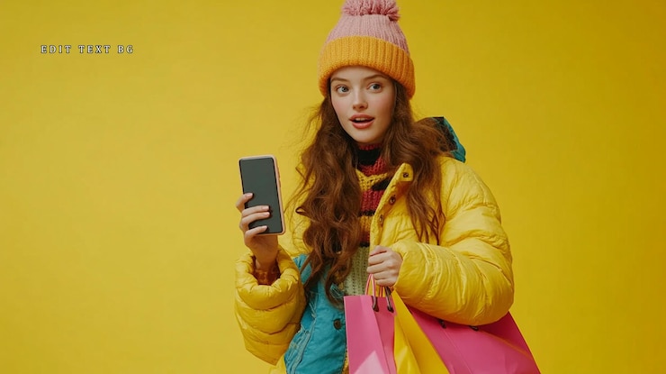 PSD mulher surpresa em roupas de inverno segurando sacos de compras e telefone contra fundo amarelo