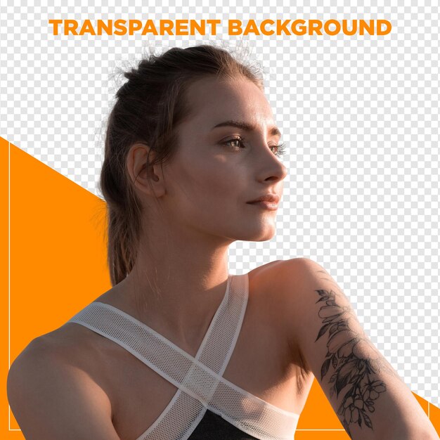 mulher tatuada olhando para a frente com fundo transparente
