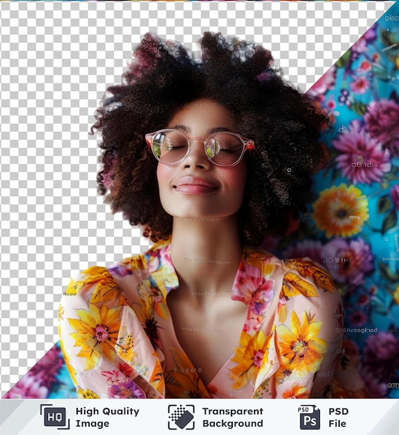 PSD mulher transparente de alta qualidade com um penteado afro sorrindo e usando óculos de sol cercada por uma variedade colorida de flores, incluindo flores de laranja rosa amarelo e laranja amarelo com