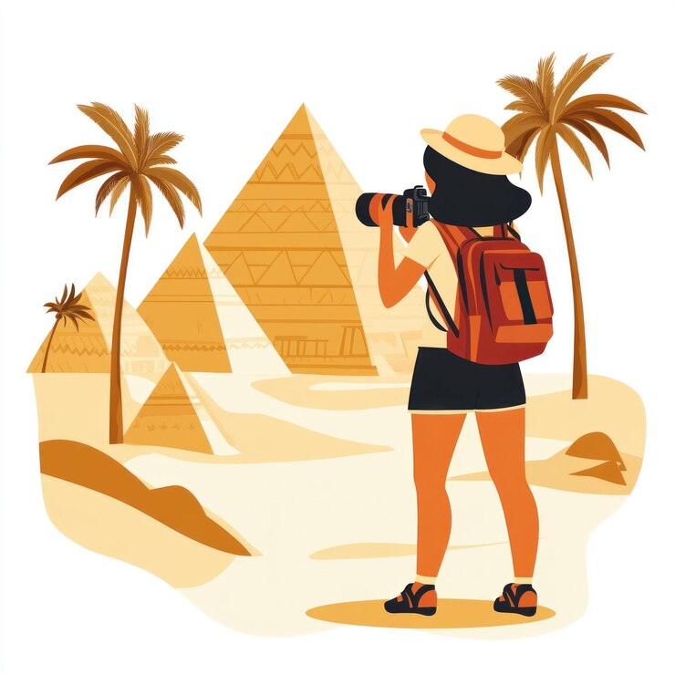 PSD mulher turista fotografando pirâmides em paisagens desérticas