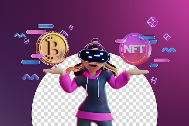 Mulher usando óculos VR espalhando as mãos para renderização 3d de moedas ETH e NFT