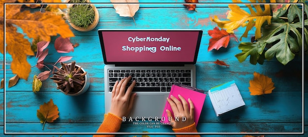 Mulher usando um laptop para fazer compras na Cyber Monday