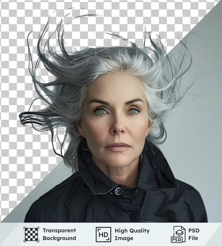 PSD mulher vestindo casaco preto com cabelo cinzento soprado pelo vento premium fundo transparente