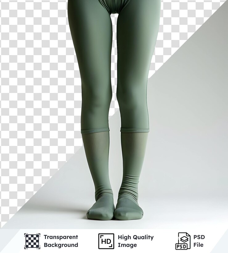 PSD mulher vestindo leggings e meias verdes posa contra um fundo transparente