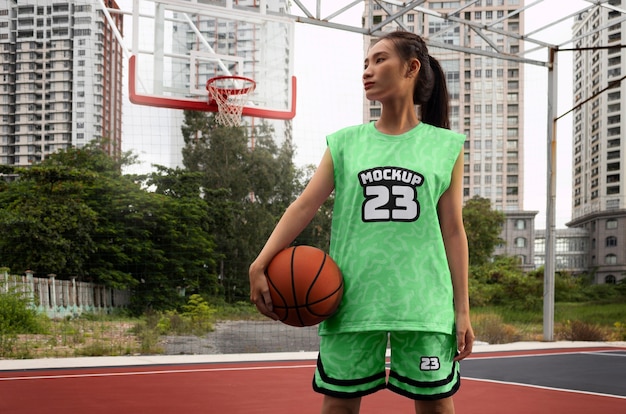 Mulher vestindo maquete de camisa de basquete
