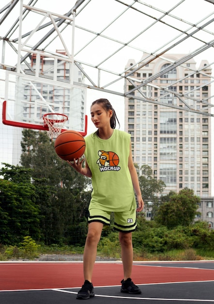 Mulher vestindo maquete de camisa de basquete