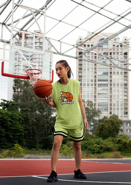 PSD mulher vestindo maquete de camisa de basquete