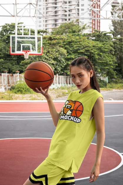 PSD mulher vestindo maquete de camisa de basquete