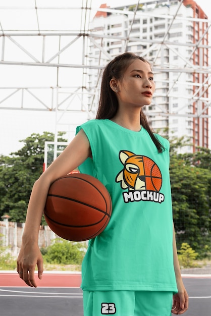 PSD mulher vestindo maquete de camisa de basquete