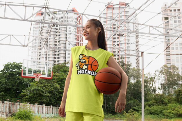 Mulher vestindo maquete de camisa de basquete