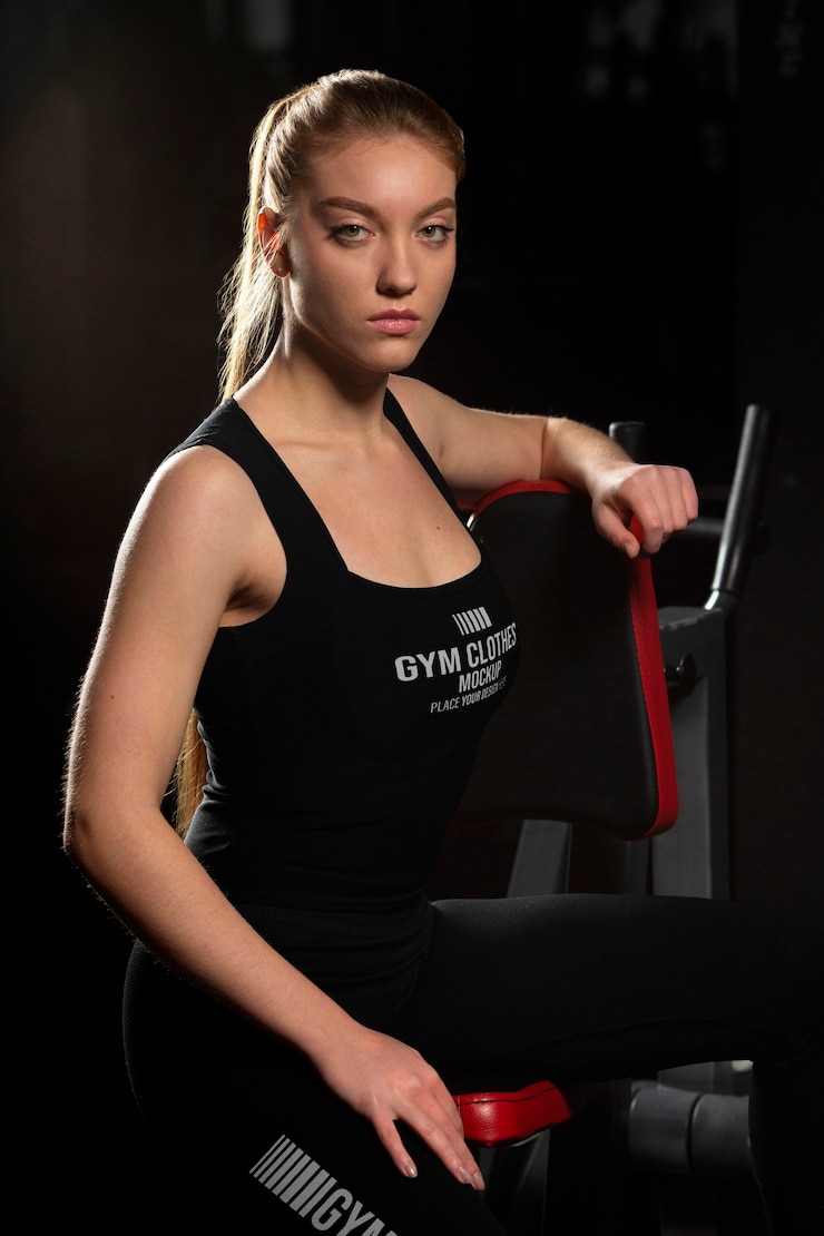 PSD mulher vestindo maquete de camiseta de ginástica
