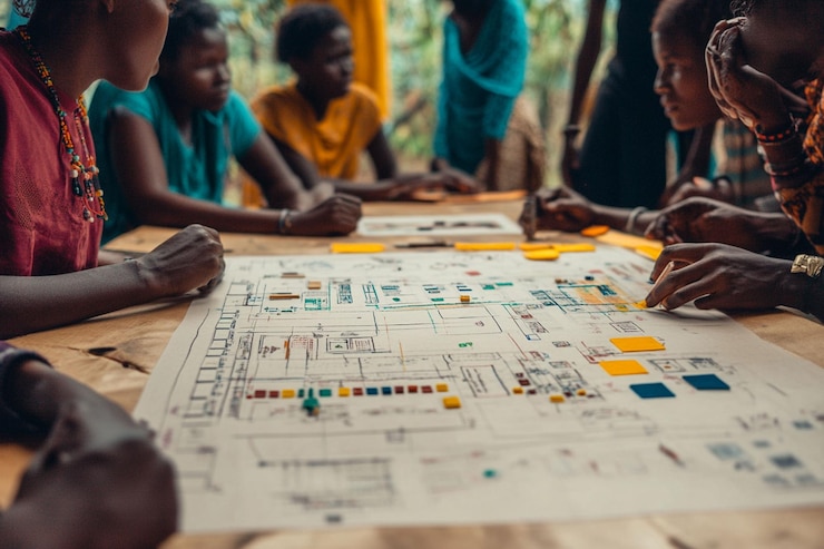 PSD mulheres africanas colaboram em um grande plano de projeto usando notas adesivas e desenhos em uma mesa