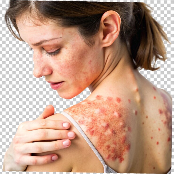 PSD mulheres em close-up com comichão e arranhão de psoríase em fundo transparente