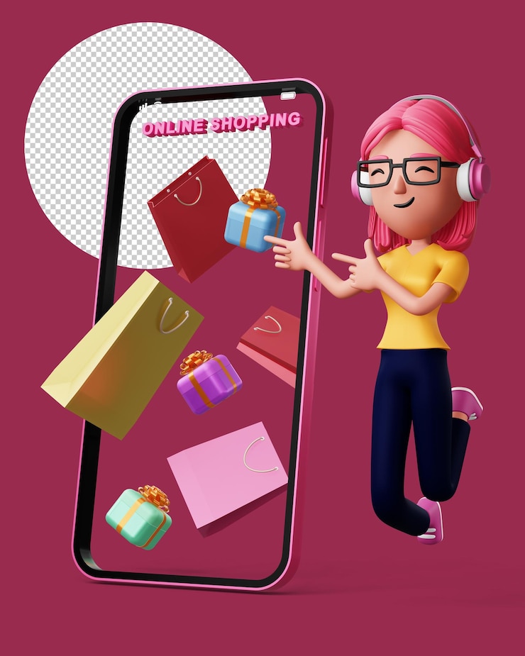 PSD mulheres felizes com telefone renderização 3d de compras on-line fácil