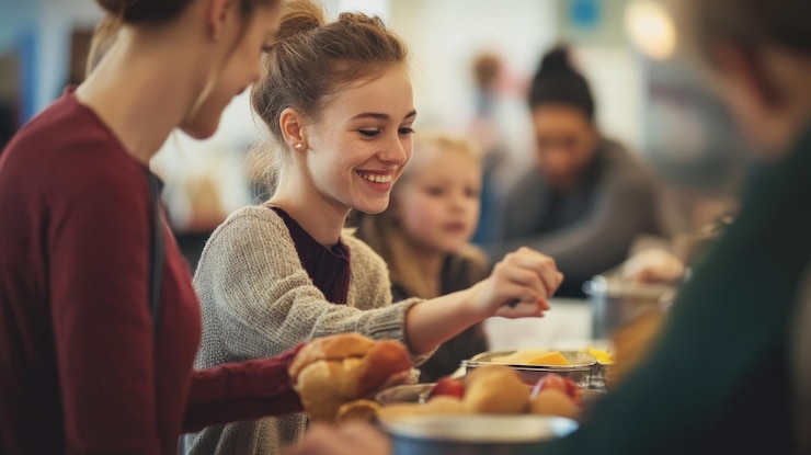 PSD mulheres jovens felizes trabalhando como voluntárias em um banco de alimentos servindo comida a crianças e famílias necessitadas